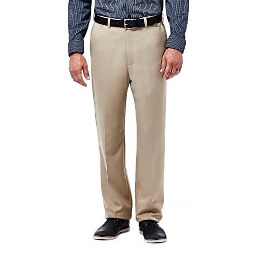 Haggar mens Cool 18 Stria Hidden Expandable Waistband Plain Front dress pants, British Khaki, 36W x 34L US