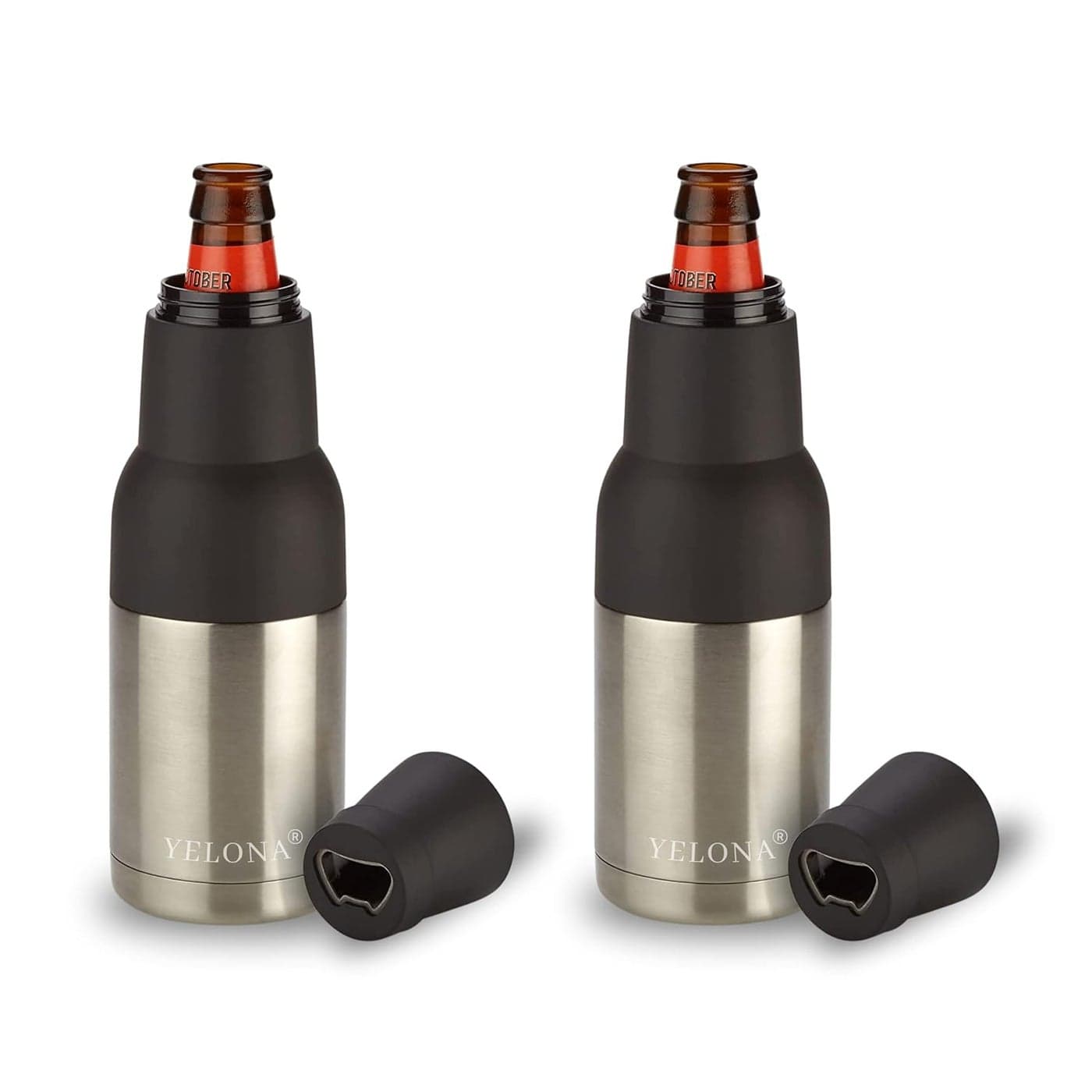 YELONA Frosty Beer BottleCan Cooler Insulated Stainless Steel with Bottle Opener for 330ml 500ml Cans 330ml Pints SilverPack of 2
