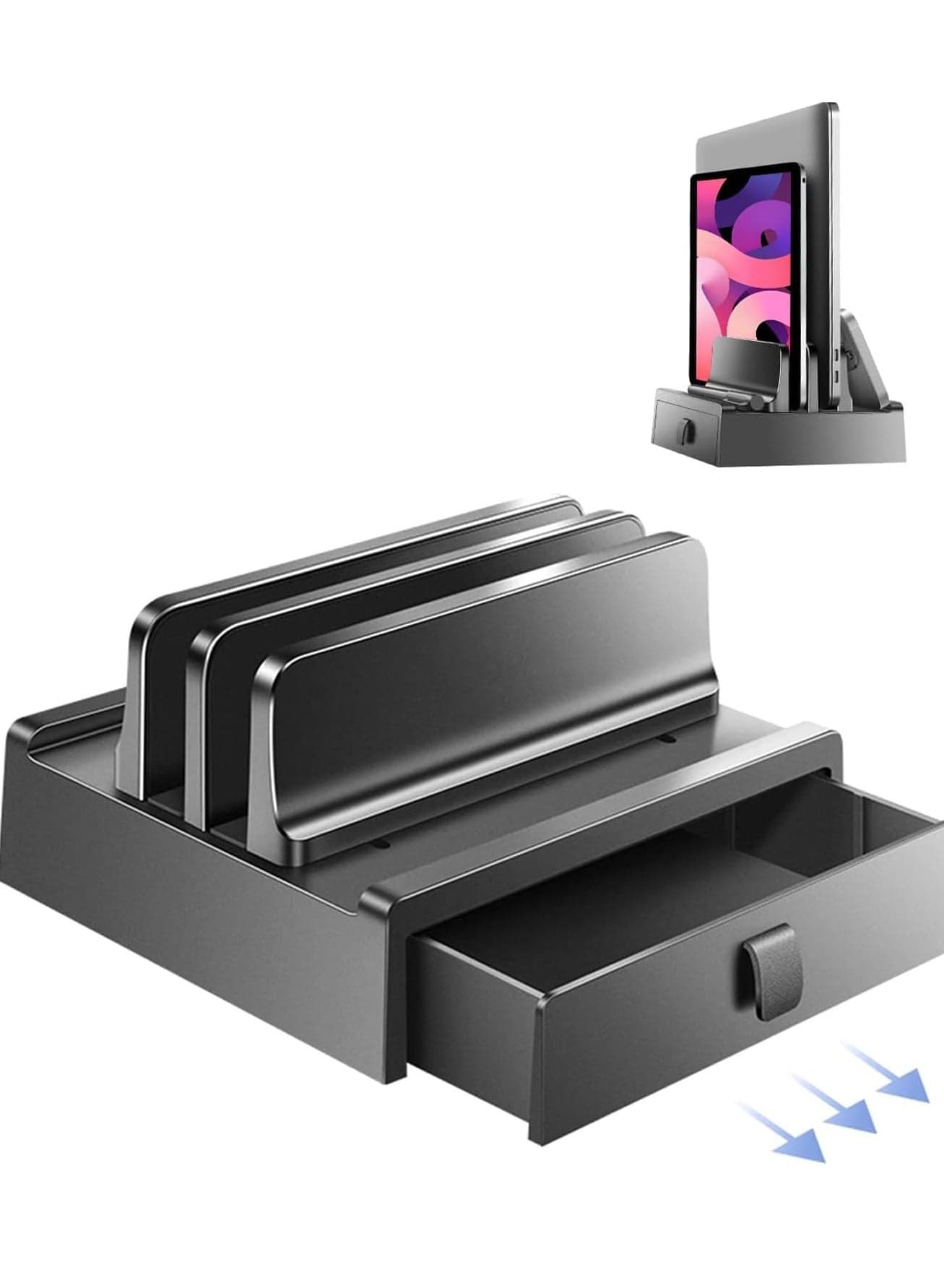 4-in-1 Vertical Laptop Stand, Dual Slots Plastic Laptop Holder, Adjustable Laptop Stand, Space-Saving Upright Storage with Drawer for MacBook/Iphone/Surface/Samsung/HP/Dell/Chrome Book