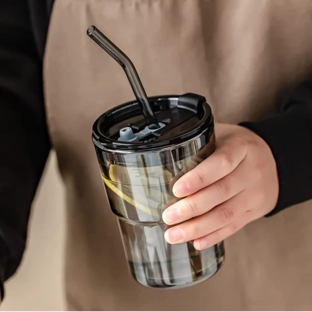 KRIVAZ Glass Tumbler with lid and Straw Glass StrawProtective AntiSkid Leather Sleeve for HotCold Beverages Tea Coffee Smoothies Fruit Juice Travel Mug435Ml LEDHAR Mug Black