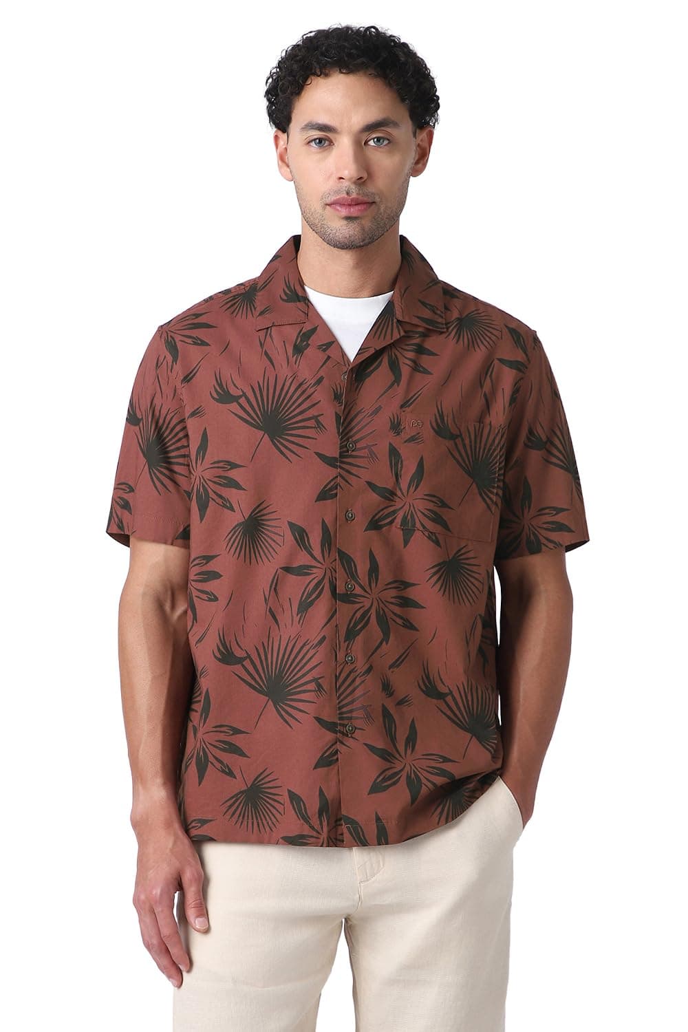 Peter England Men’s Floral Print Shirt – Cuban Collar, Half Sleeves | Cotton Blend | Casual Wear Rust
