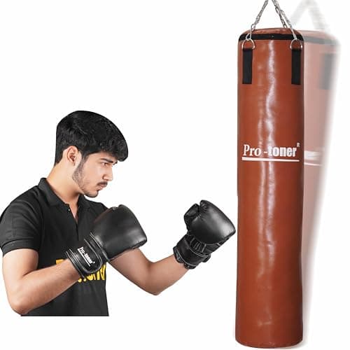 Protoner Boxing Training Set, 48-Inch Punching Bag with Gloves, and Chain, Black (Unfilled Tan Bag+Chain)