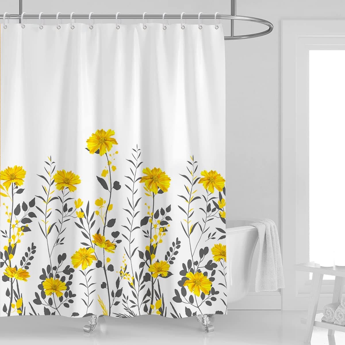 Kikiry Yellow Shower Curtain 60W x 72L Floral Grey Gray White Boho Flowers Botanical Wildflower Elegant Cute Leaves Spring Girls Women Pattern Design Polyester Waterproof 12 Pack Plastic Hooks