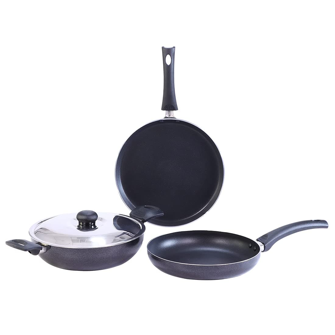 Wonderchef Platinum Plus Non-Stick Cookware Set Of 4|Kadhai With Glass Lid 24Cm,Fry Pan 24Cm&Dosa Tawa 25Cm|Cool-Touch Bakelite Handle|Pure Grade Aluminium|Pfoa Free|1 Year Warranty|Black