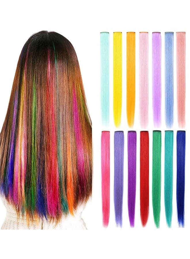 14 PCS 21 inch Colored Hair Extensions Clip in/on for America Women Girls hiar Accessories Wig Pieces Synthetic Rainbow Hair Extensions (Multicolour)