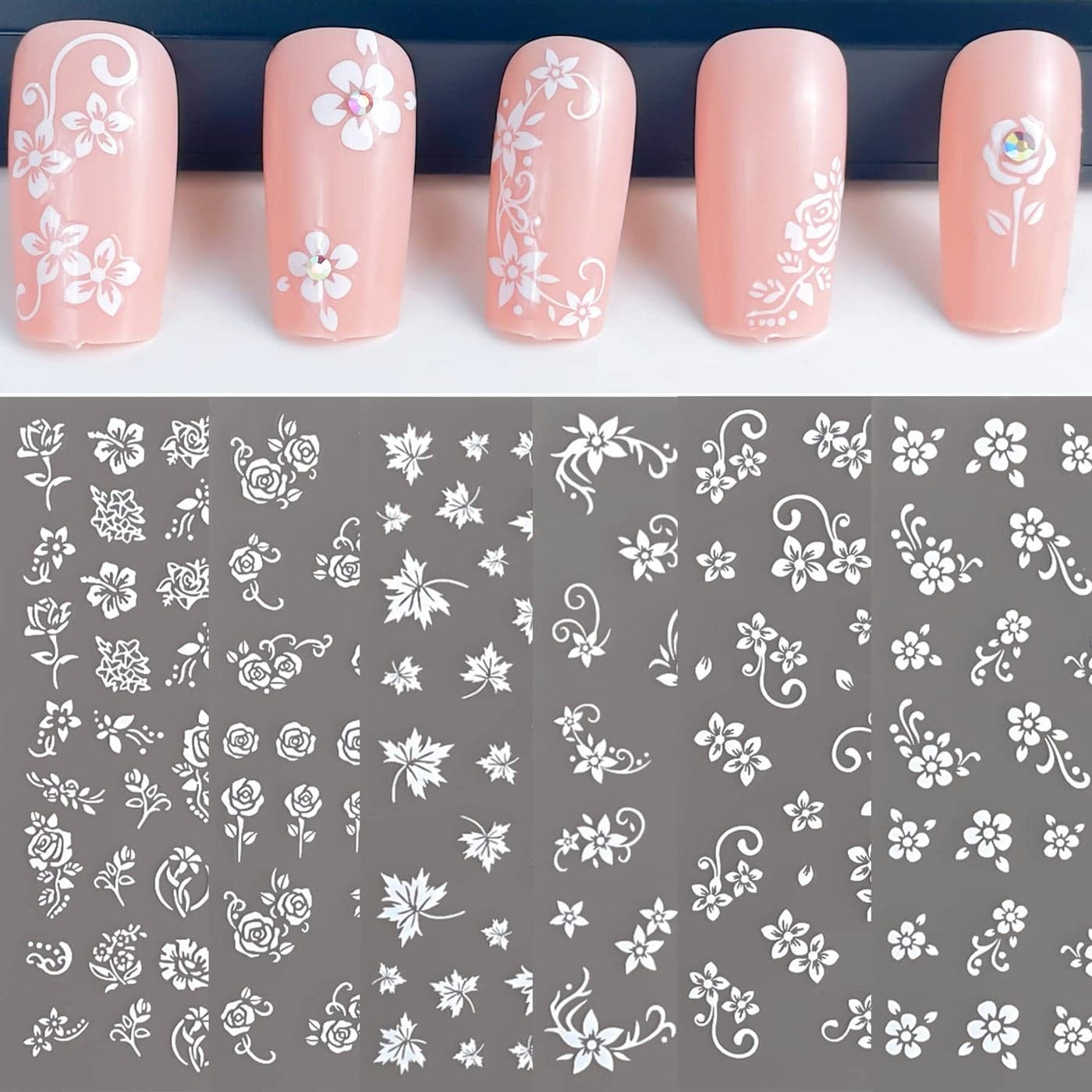 White Flower Nail Art Decal Stickers for Women Fingernails Acrylic Nails Designs and Nail Decoration Self Adhesive Floret Nail Stickers for Nails Decor Pack of 6