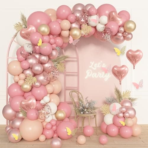 Ouddy Life 174Pcs Boho Blush Pink Balloons Arch Garland Kit Retro Dusty Pink Balloons Nude Rose Gold Confetti for Girls Baby Shower Weddings Birthday Bachelorette Party Decorations