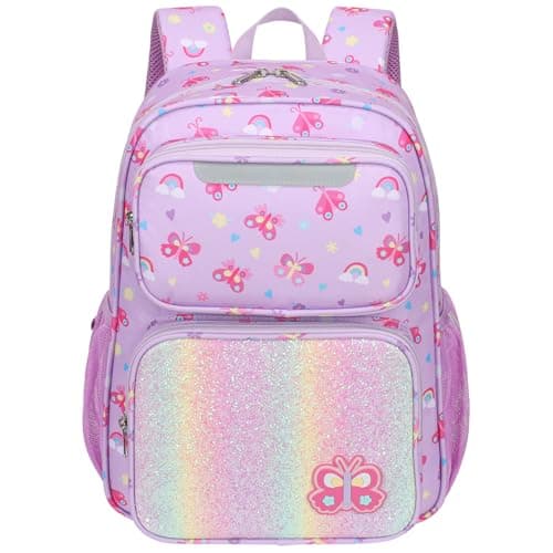 BrainyBees Kids Backpack for Girls Kindergarten 15 Inch Lightweight School Bookbag fits Folder Backpack for Kids 47 with Leakproof Insulated Pocket for Lunch and Snacks Purple Butterfly