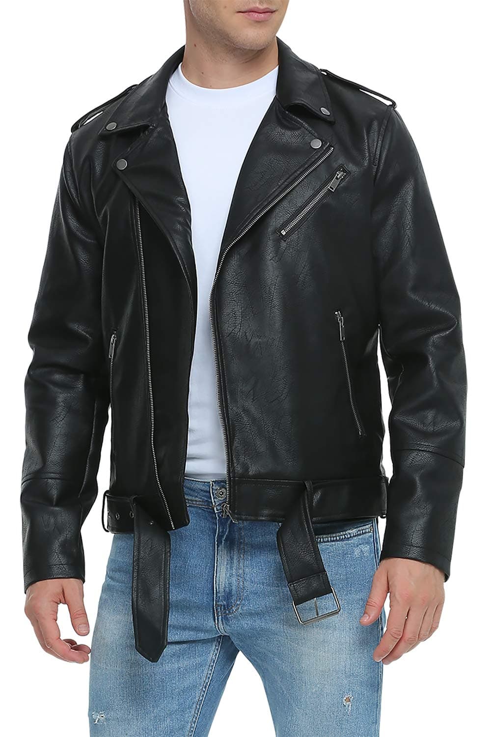 Fahsyee Leather Jackets for Men Faux Bomber Jacket Mens Motorcycle Lapel Asymmetric ZipUp Belt Slim Fit Biker Coat Black L