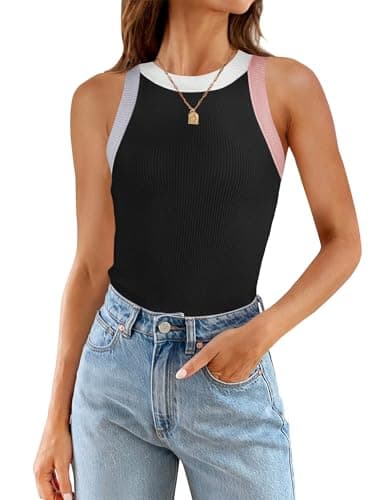 ZESICA Womens Summer Sleeveless Tank Tops Ribbed High Neck Racerback Slim Fitted Color Block Casual Shirts,Black,Small