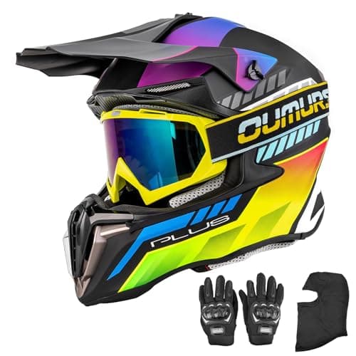 OUMURS Adult ATV Dirt Bike Helmet with Gloves & Mask Adjustable Sun Visor Motorcycle Adult Helmet Off-Road Motocross Downhill Moped MX for Unisex-Adult-Mutiple Black, L