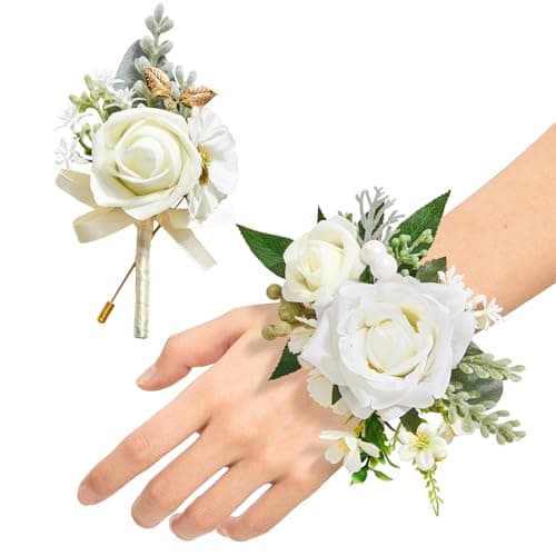 Serwalin White Corsage and Boutonniere Set, Artificial Rose Wrist Corsage Wristlet and Boutonniere Set for Prom, Homecoming, Wedding, Anniversary Party Prom Suit Dress Flower Accessories