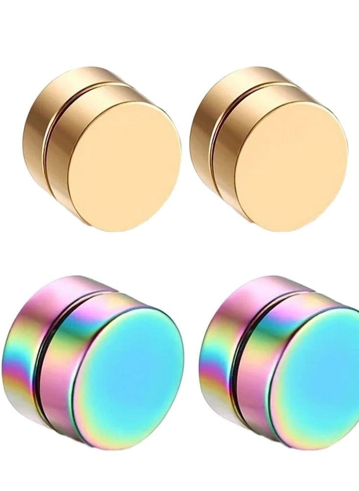 Stainless Steel Magnetic Clip on Men Women Earrings 10mm Gold and Multicolor 2 pairs