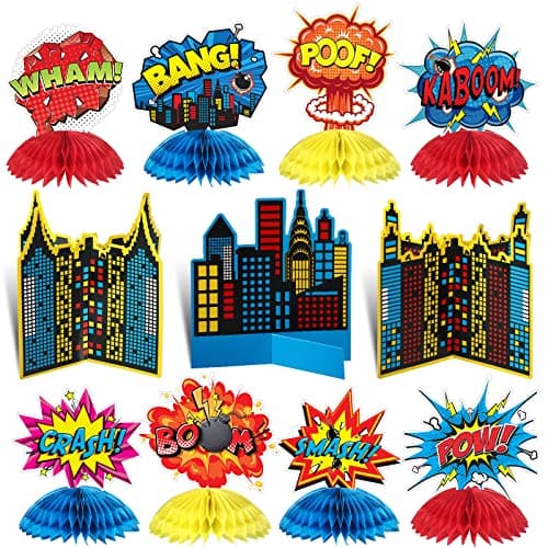 Funrous 11 Pieces Hero Party Decoration Hero Honeycomb Centerpieces 3D Table Topper Paper Large Word Centerpieces Fun Action Sign Standing Card for Birthday Baby Shower Decor Supplies(Classic)