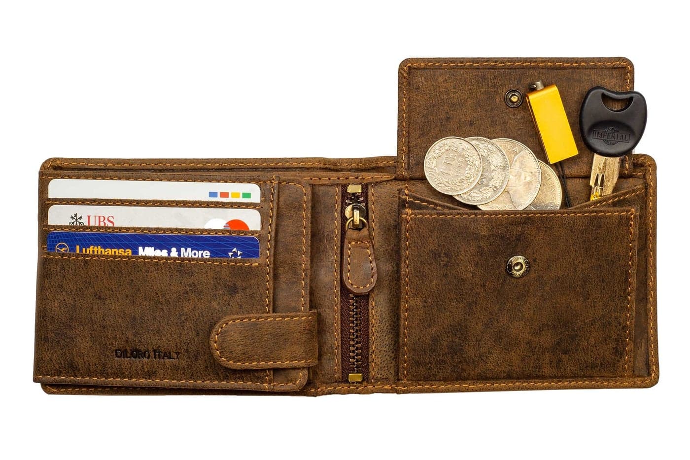 DiLoro Italy Full Size Mens Leather Wallet Bifold Flip ID Zip Coin Wallets with RFID Protection (Dark Hunter Brown With ID)