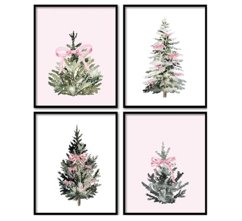 foedor Coquette Pink Christmas Room Wall DecorPink and White Christmas DecorChristmas Wall Art Decorations for Home Kitchen Bedroom Bathroom Living RoomPine Tree Wall Art Winter Holiday Decorations8x10 Set of 4