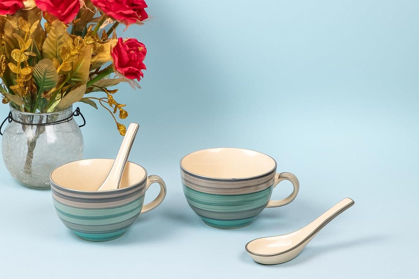 HS Hindustani SAUDAGR Aqua Drift Seagreen Ceramic Bowl Set of 2(300ml Each) Soup Bowl with Handle & Spoon Microwave Safe Bowls katori Ideal for Snacks Rice dal Desserts and Gifting.