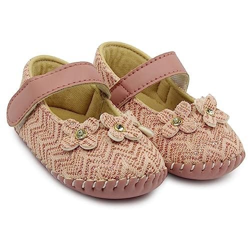 Neska Moda 6 To 12 Months Baby Girls Synthetic Leather Floral Hook & Loop Sandal Booties (Peach)-BT1895