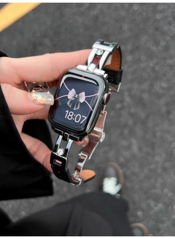 Metal Leather erfly Buckle Strap Black Suitable For 44MM (iWatch 4-6/SE generation)Use