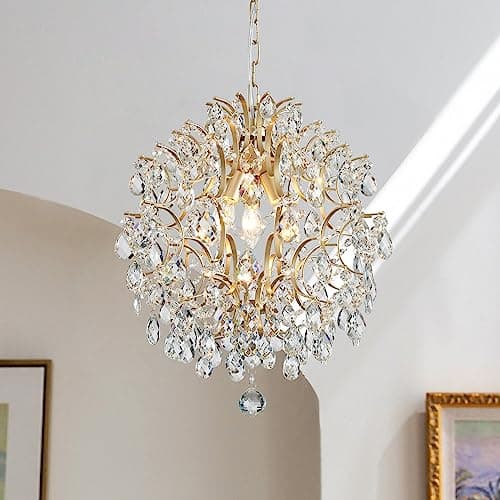 Bestier Modern Gold Pendant Chandelier Crystal Raindrop Lighting Ceiling Light Fixture Lamp for Dining Room Bathroom Bedroom Livingroom entryway 3 E12 Bulbs Required D16 in x H18 in