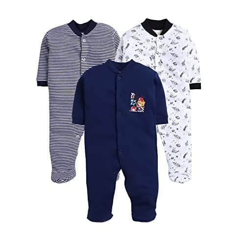 EIO® 100% Cotton Rompers Sleepsuits Jumpsuit Night Suits for Infants Newborn Baby Boys & Girls Pack of 3 (0-3 Months, Yellow) (12-18 Months, Navy)