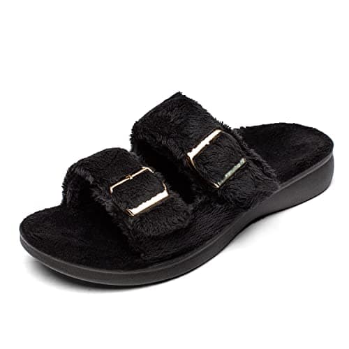 SOLLBEAM Womens Plantar Fasciitis Women's Fuzzy House Orthopedic Slippers Open Toe Orthopedic Arch Support Orthotic Heel Cup sandals Indoor Outdoor