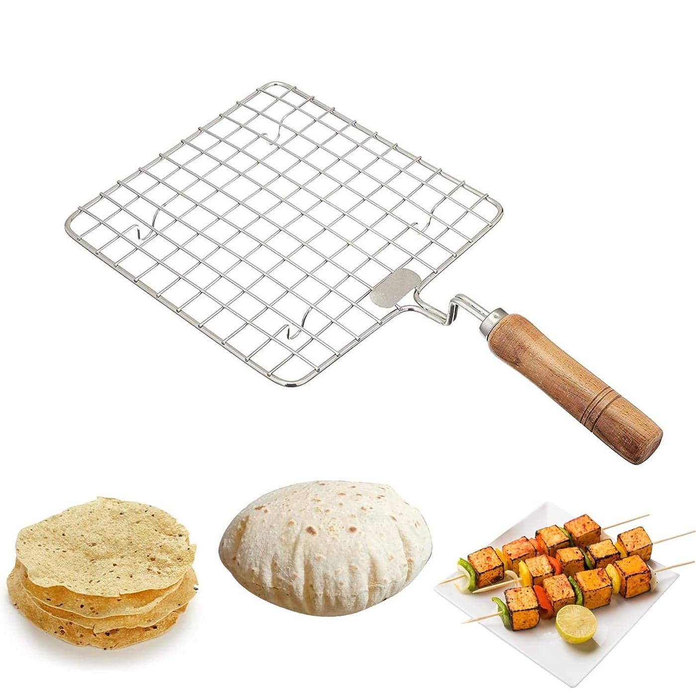 Cloudzy Roaster Barbecue Net Grill Steel Wire Roasting Net Charcoal Hand Warmer Rack BBQ Accessories Fish Burner Papad Jali Paneer Tandoor Net with Wooden Handle Square