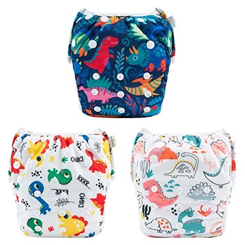 Babygoal Swim Diapers 3 Pack for 8M3T Babies and Toddlers Reusable Adjustable Washable for Baby Girl and Boy Swimming LessonsDinosaurs