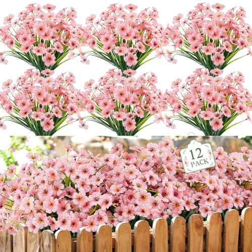 MACTING 12 Bundles Artificial Flowers for Outdoors Fake Flowers UV Resistant Faux Plastic Plants No Fade for Hanging Planters Window Patio Porch Garden Home Indoor Outdoor Spring Decorations,Pink