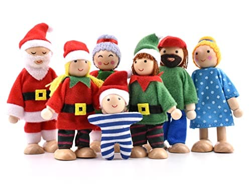 Jzszera Wooden Doll House People of 7 Figures Dolls Family Set for Girls Toddler Kids Dollhouse Christmas Decoration Accessories Toy