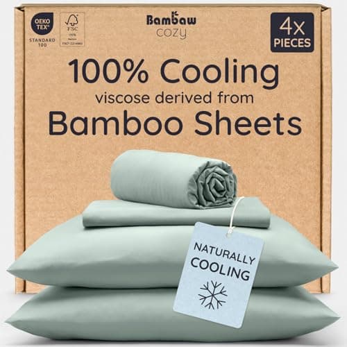 Bambaw 100% Viscose Derived from Bamboo Sheets Queen Size Deep Pocket Set – 4pcs Hotel Luxury Bedding Set, Fits Up to 16'' with Elastic Corner Straps, Ultra Soft Cooling Sheets Queen Size (Sea Glass)