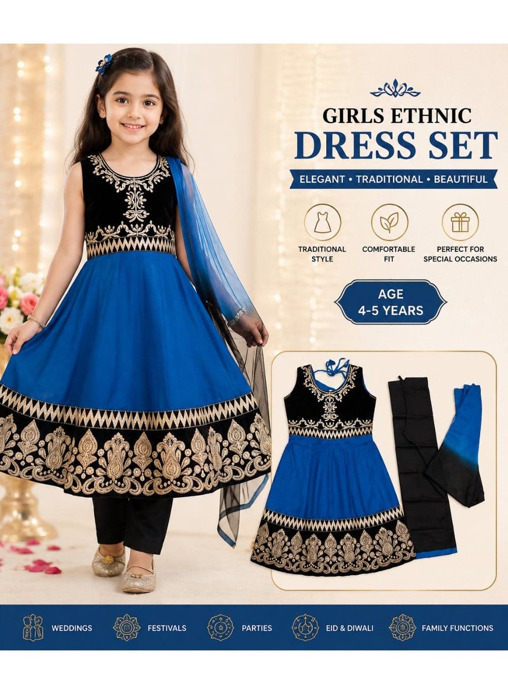 Girls Indian Ethnic Anarkali Dress Set with Dupatta & Pants – Blue & Black Embroidered Traditional Party Wear – 3 Piece Set – Age 4-5 Years Size 30