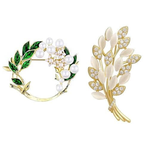 2Pcs Brooch Pin for Women, Pearl Enamel Camellia Brooch, Fashionable Safety Pin for Saree Pleats and Hijab, Elegant Accessory for Dresses and Special Occasions, Yellow and Green