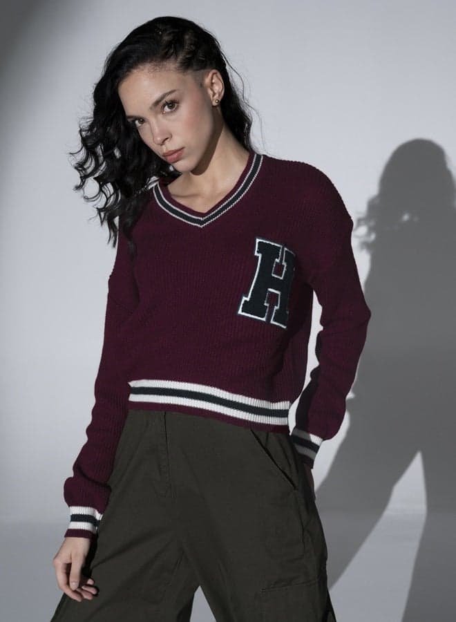 Women's Maroon 100% Acrylic Regular Fit Sweater