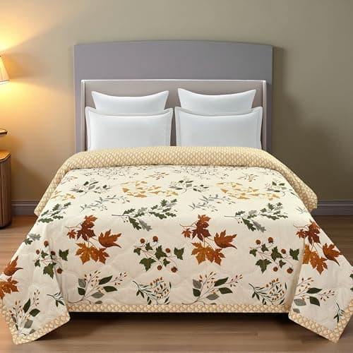 IVAZA UltraSonic Quilted 120 GSM Microfibre Reversible Double Bed Printed Comforter/Quilt/AC Blanket/Dohar Breathable Cozy Super Soft Warm Cream
