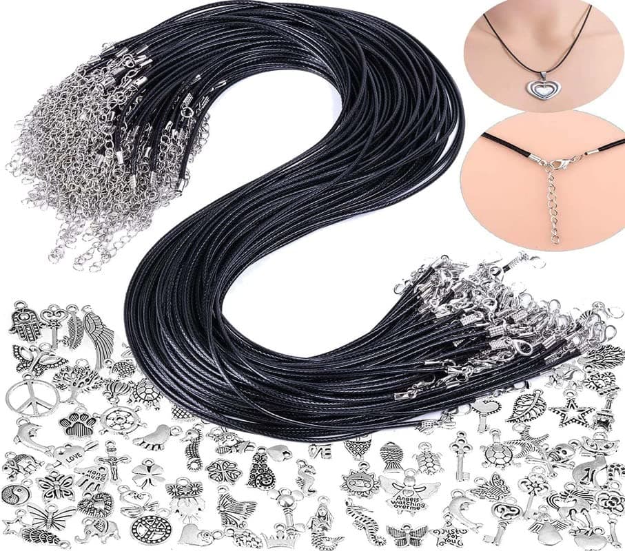 DIY Crafts 8 Pcs, Black with Pendant, Tibetan Pendent + Black Waxed Necklace Cord with Lobster Clasp Bulk for Bracelet Making Necklaces Jewelry (8 Pcs, Black with Pendant)