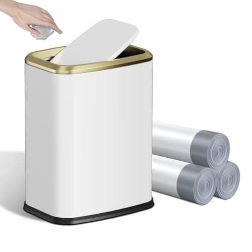 KHMMGK 8L21 Gallon Small Bathroom Trash Can with Lid SwingTop Rectangular Waste Bin Stainless Steel Garbage Can for Home Office Toilet Bedroom LivingRoom White