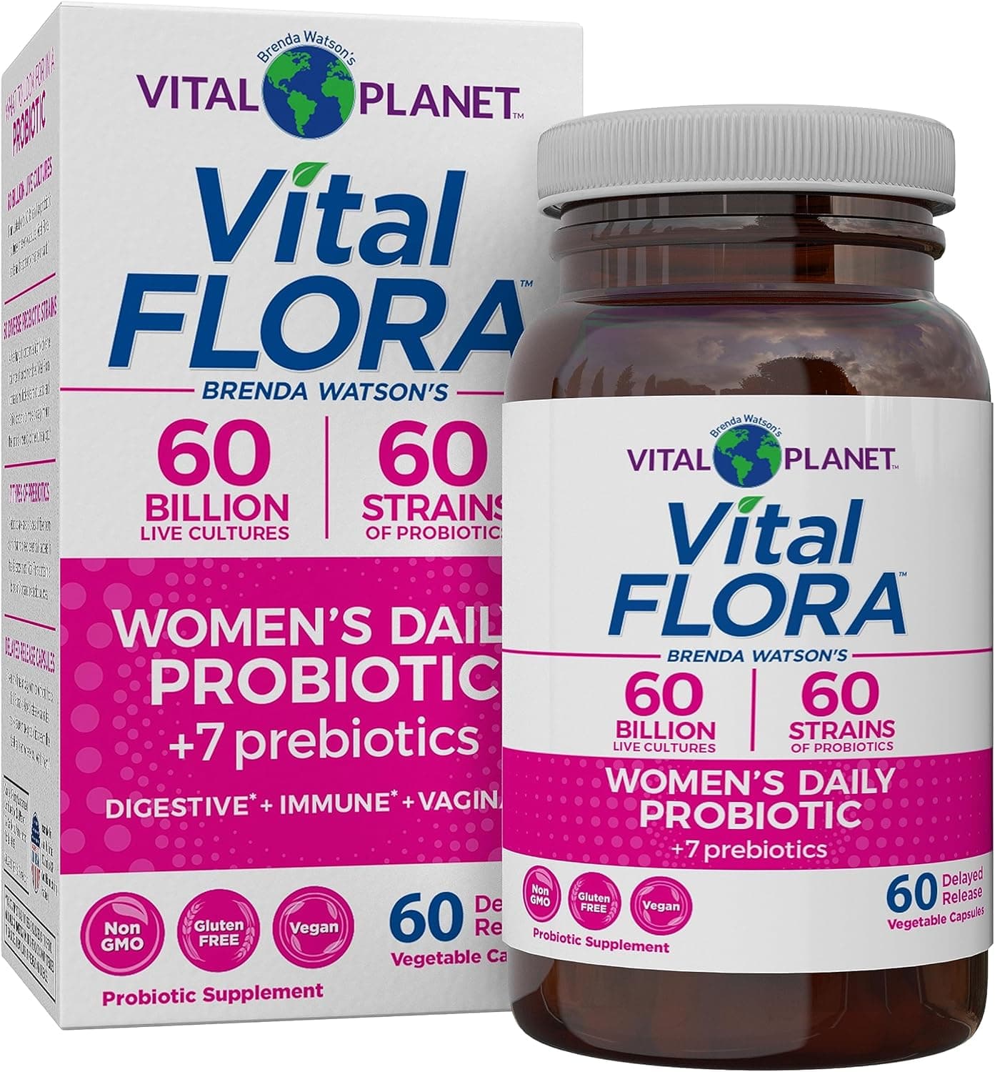 Vital Planet Vital Flora Womens Daily Probiotic 60 Billion CFU 60 Diverse Strains 7 Organic Prebiotics Vaginal and Immune Support Bloating Digestive Health Probiotics for Women 60 Capsules