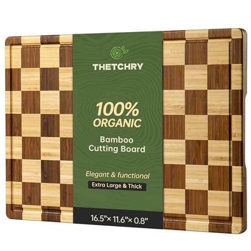 THETCHRY Bamboo Cutting Boards for Kitchen, Checkered Wooden Cutting Board with Juice Groove, Non Slip, Non Toxic Serving Tray, Thick Large Chopping Board Gift for Home Chef, 16.5” x 11.6” x 0.8”