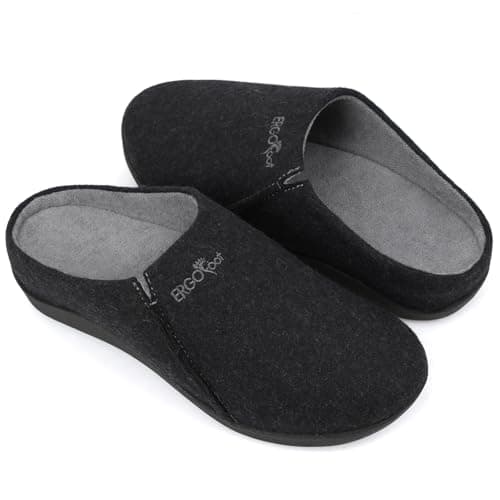 ERGOfoot House Slippers With Arch Support, Orthopedic Slipper for Plantar Fasciitis Pain Relief, Comfy Wool Felt Clog Shoes for Women and Men with Non-Slip Indoor Outdoor/Black, W9/M8