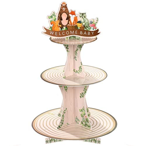 Zonon Woodland Baby Shower Decorations Woodland Cupcake Stand, 3 Tier Rustic Jungle Animal Wood Cupcake Holders Creatures Forest Lumberjack Theme Party for Boy Girl Welcome Party Supplies (Green)