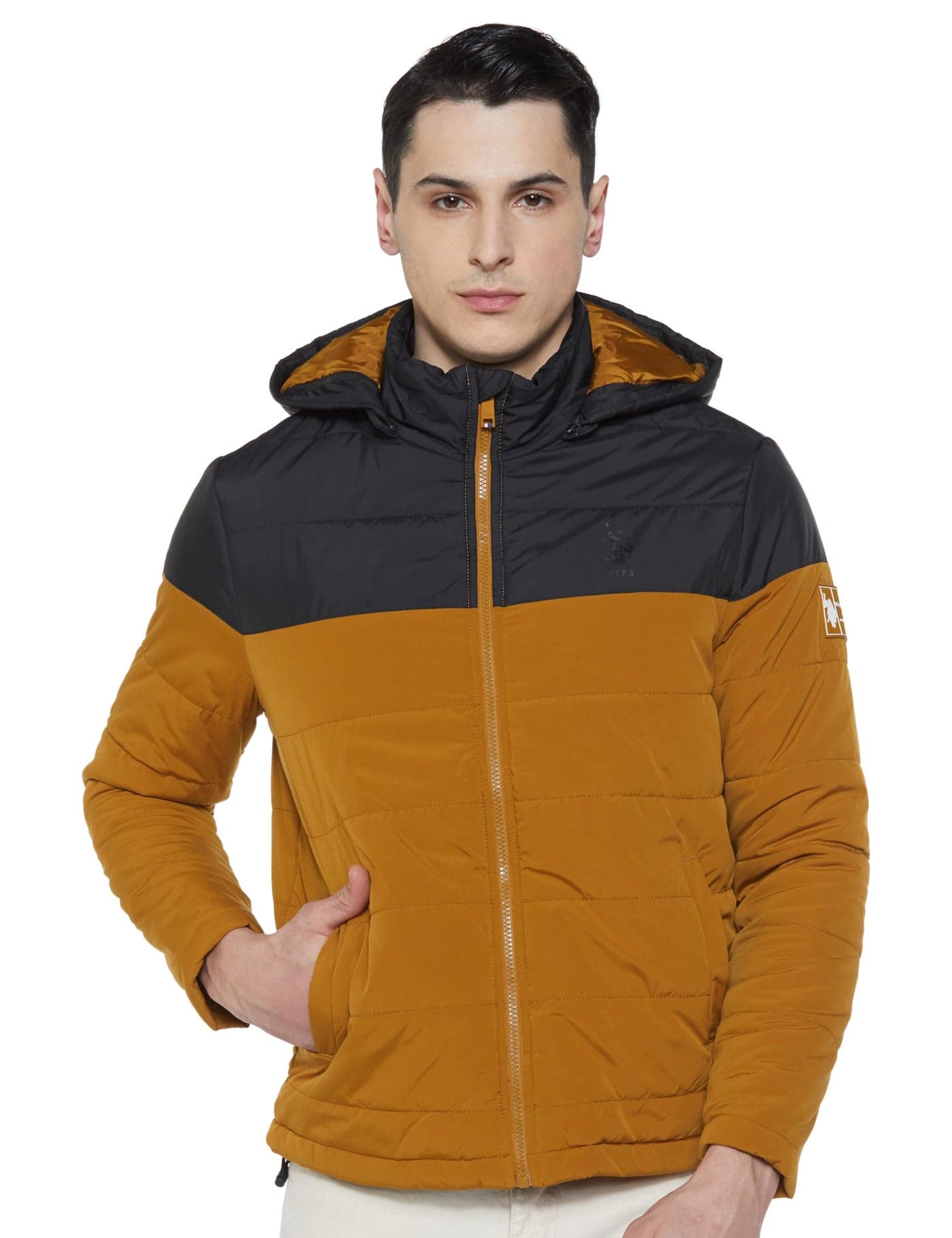 U.S. POLO ASSN. Mens Medium Weight Puffer Full Sleeve Jacket With Hood (USJCKS0699_BLACK_XL)