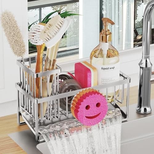 Taugast Sponge Holder for Kitchen Sink,Smiley Face Sink Caddy with Removable Brush Holder,Self-Draining Sponge Caddy for Soap,Dish Brush,Scrubber,Kitchen Essentials and Gadgets-Silver