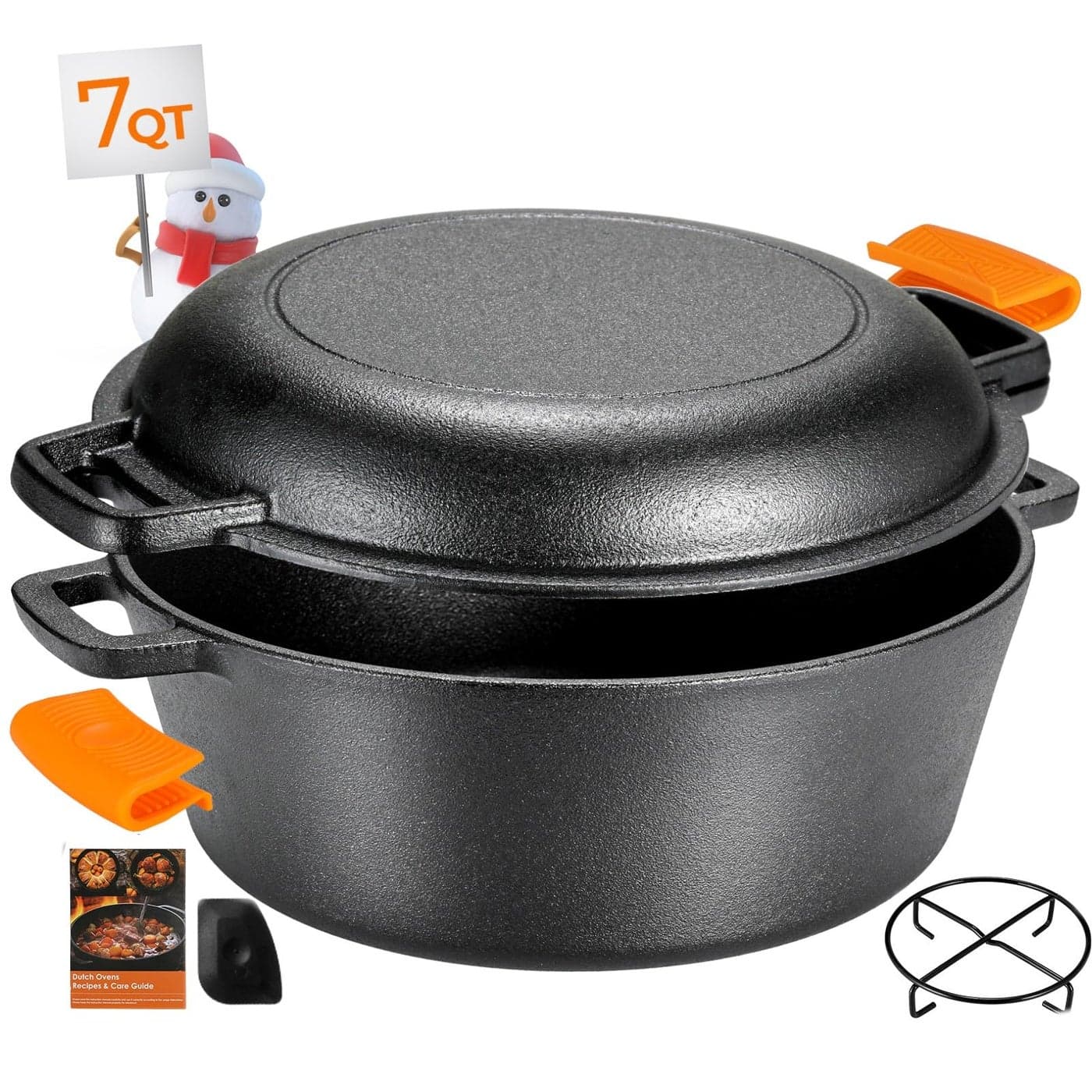 TLGREEN Cast Iron Dutch Oven Pot with Lid Pot 51QT and Lid as a Skillet19QT Dutch Oven Cast Iron with Silicone Holders Iron Stand for Oven Stove GrillCampfire