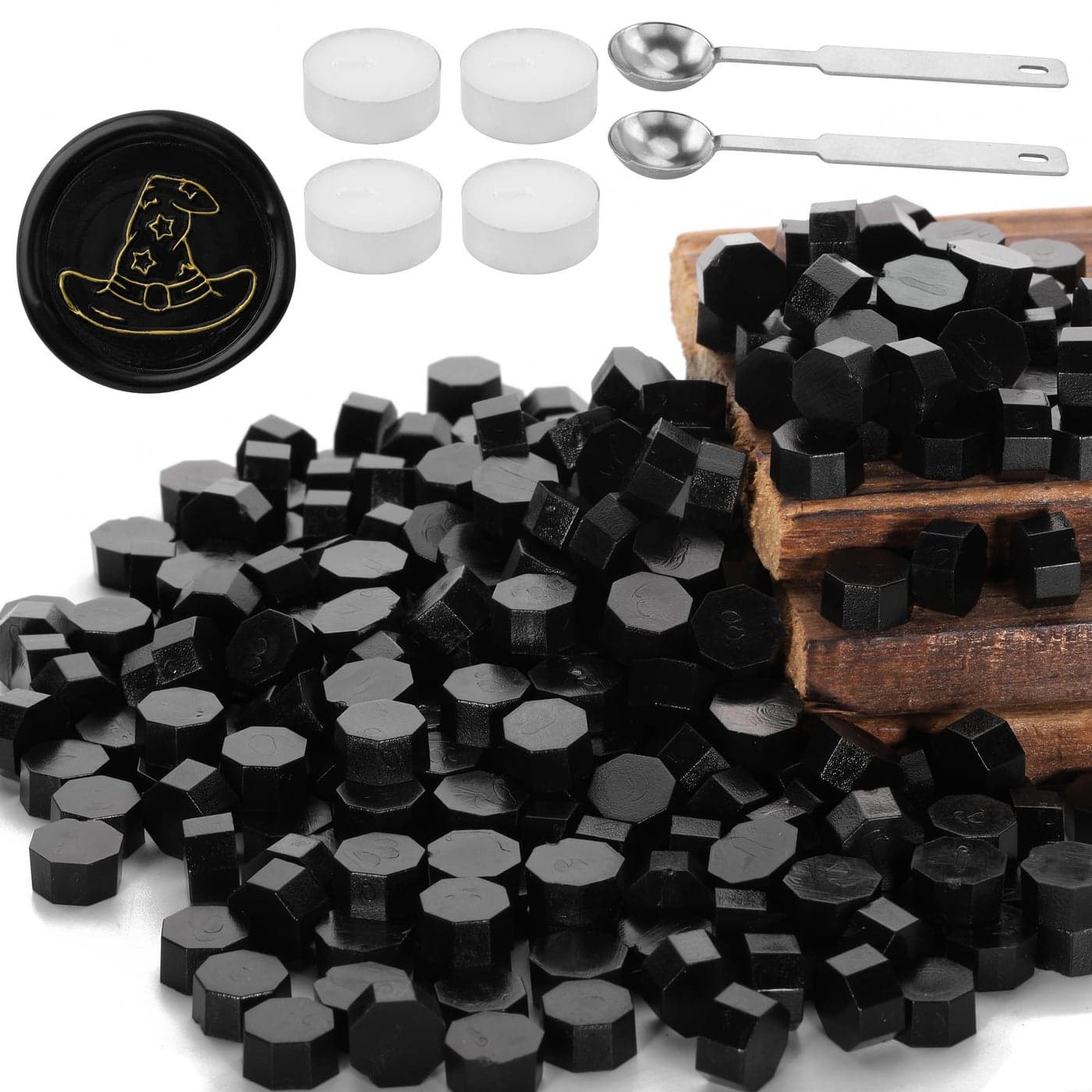 Black Sealing Wax Beads Yoption 300 Pcs Octagon Wax Seal Beads Kit with 2 Melting Spoon and 4 Candles for Wedding Invitation Envelopes Gift Wrapping Black