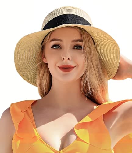 Beach Sun Hats for Women, Straw Hat for Women UPF 50+ UV Sun Protection Summer Hat Foldable Roll up Cap