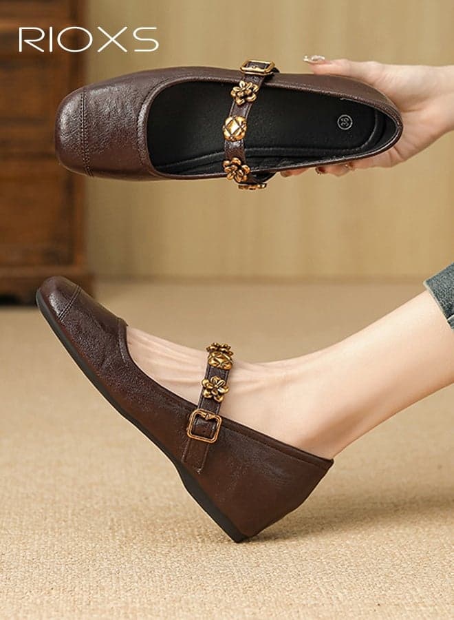 Women's Mary Jane Shoes, Hidden Heel Internal Increase Heeled Shoe, Square Toe Ladies Ballet Flats with Ankle Strap, Retro Style Dressy Shoes for Women, Comfortable Slip On Walking Heels, Classic Stylish Shoes for Work Party and Daily Leisure, Brown