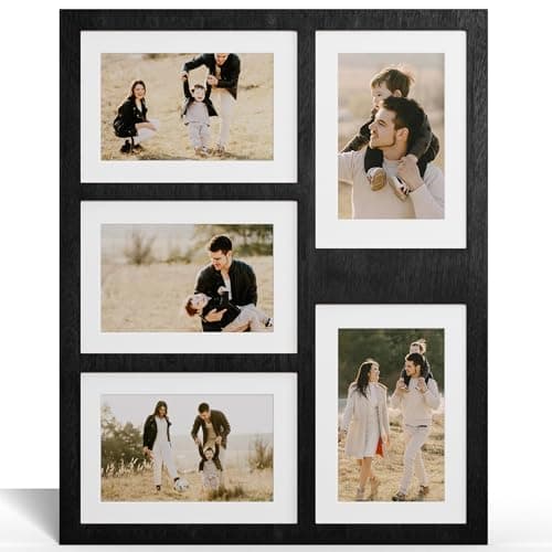 YESKAY 4x6 or 5x7 Picture Frames Black Rustic Wooden Frame with Real Glass Displays Pictures Five 4x6 with Mat or 5Pcs 5x7 without Mat for Wall Mounting Photo Collage Frame
