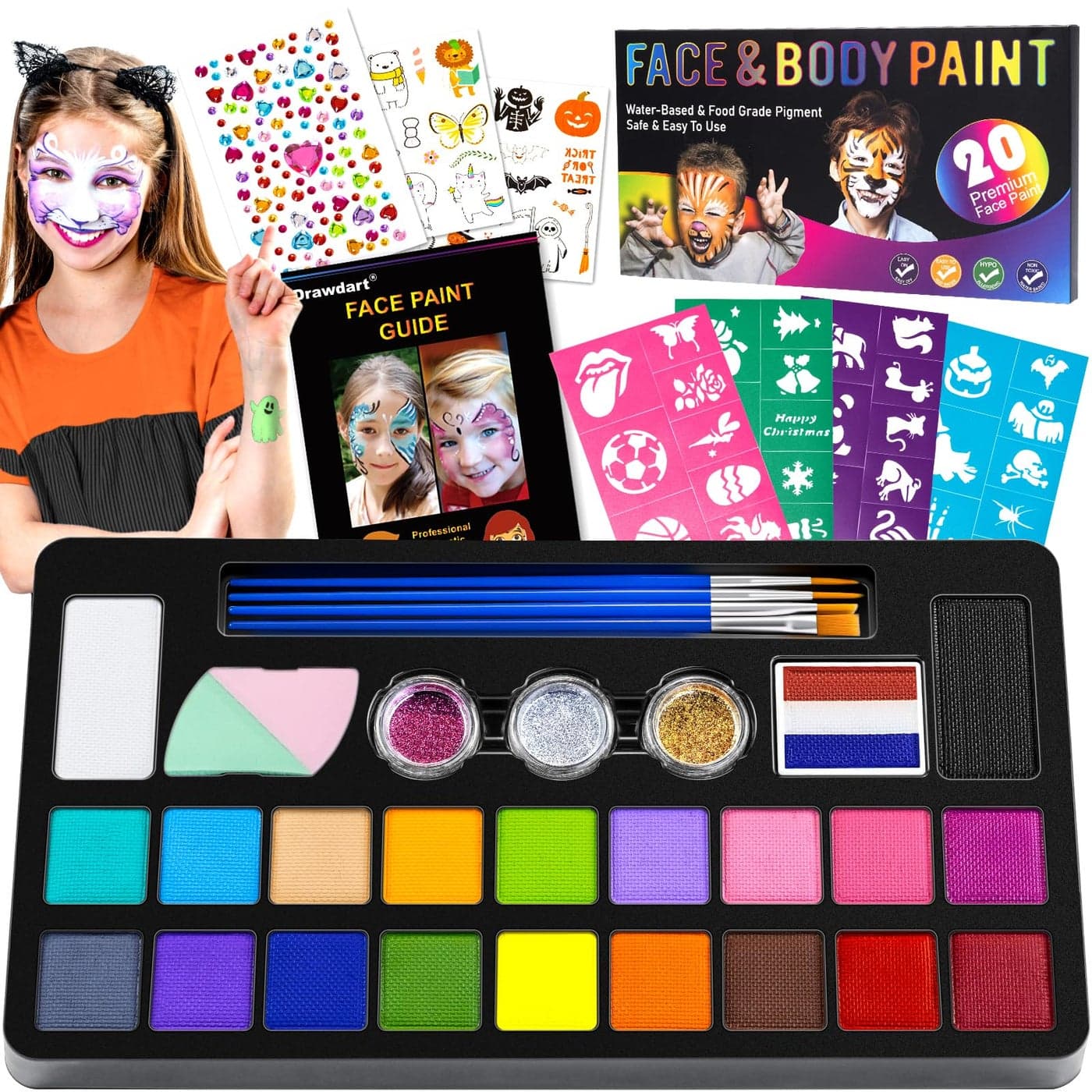Drawdart Face Painting Kit for Kids 20 Colors Water Based NonToxic Paint With Stencils Brushes Professional Body Makeup Kit for Parties Birthdays Halloween