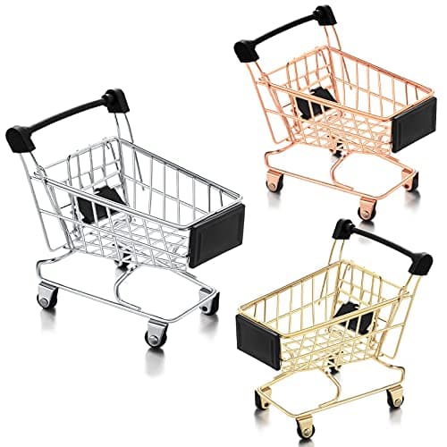 Hotop 3 Pieces Mini Shopping Cart Small Supermarket Cart Metal Shopping Grocery Handcart Mode Utility Trolley Toys for Kids Desk Storage DecorSliverGoldRose Gold